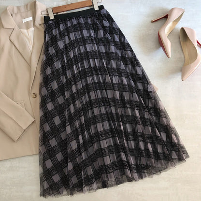 New gauze skirt, plaid print high waist skirt, long pleated skirt  3703