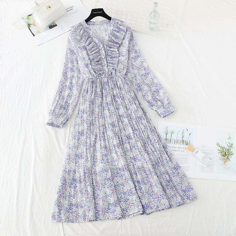 New Vintage high waist thin broken flower pleated fairy Chiffon Skirt  4540