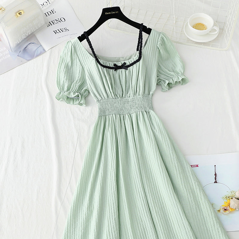 New French retro long skirt small fresh bubble sleeve fairy skirt  4904