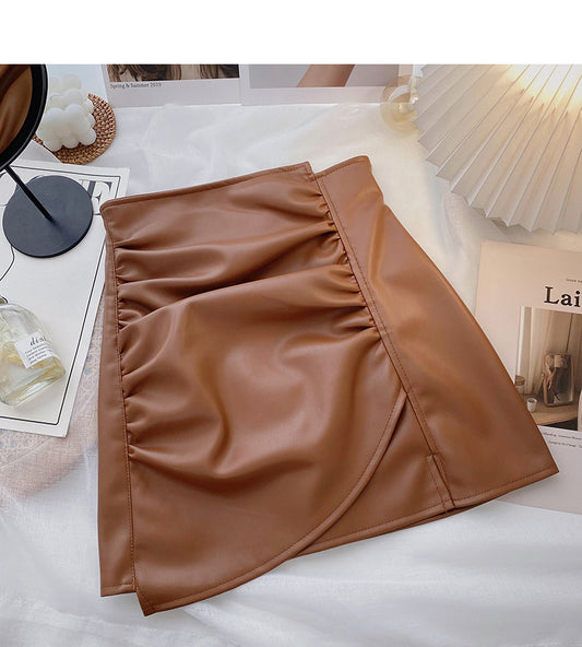 Irregular pleated design, slim wrap hip leather skirt  5507