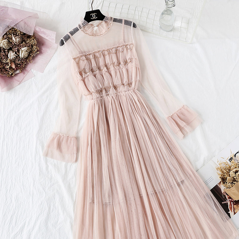 Fairy mesh sling bottomed long skirt two-piece set super xiansen series  4362