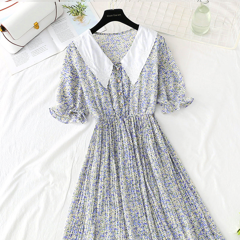 New doll neck Floral Chiffon pleated French retro fairy skirt  4880