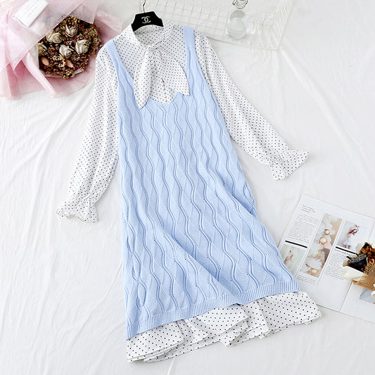 College storm point skirt + knitted vest two-piece suit female  3854