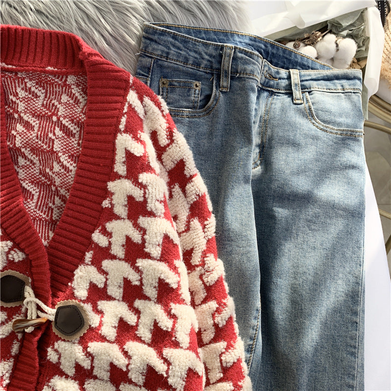 Thousand bird lattice ox horn buckle sweater coat female  4925