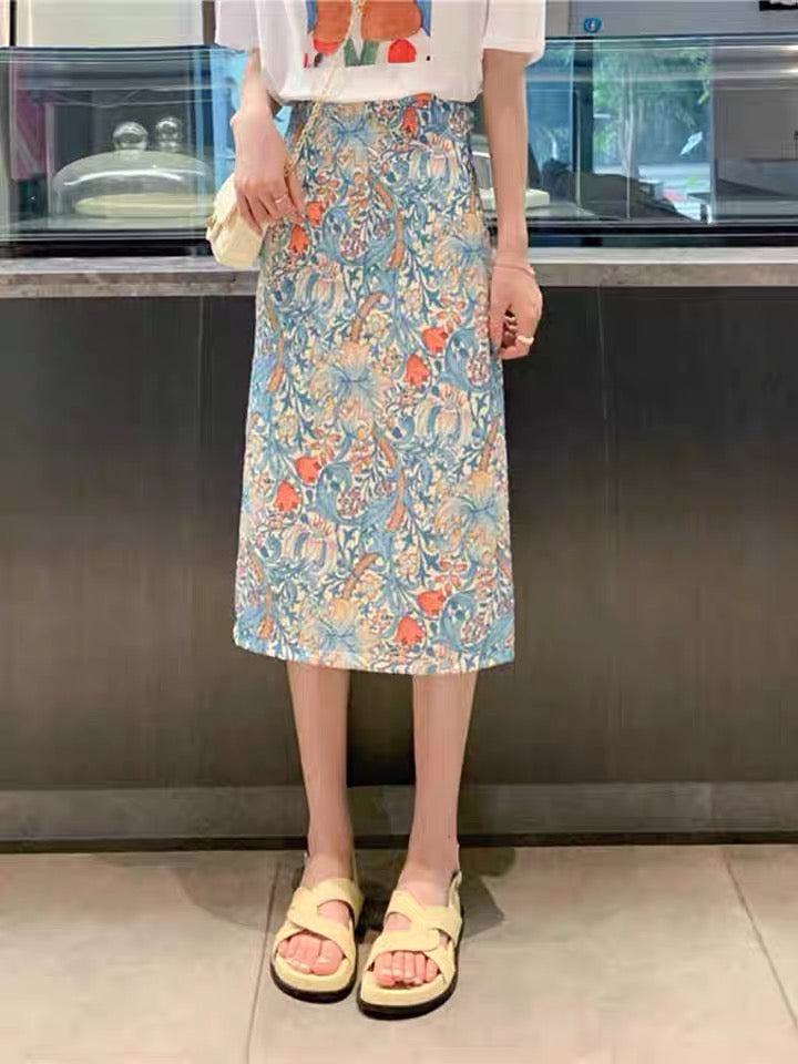 Jupe à fleurs cassées peinte à l'huile, été, jupe moulante fine, jupe midi taille haute 3555