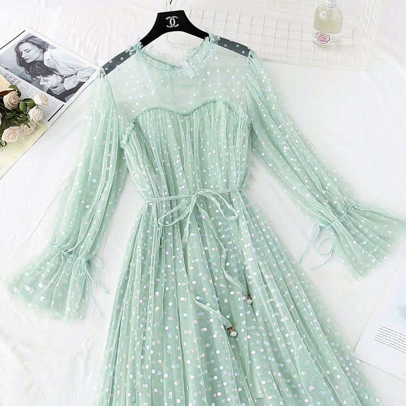 Sweet wave dot lace mesh dress  4039