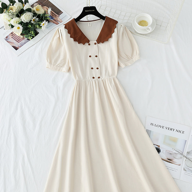 Cotton linen dress sweet bubble sleeve doll collar  4272