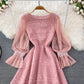 Chiffon stitched crew neck hollowed out embroidery lace dress  3776