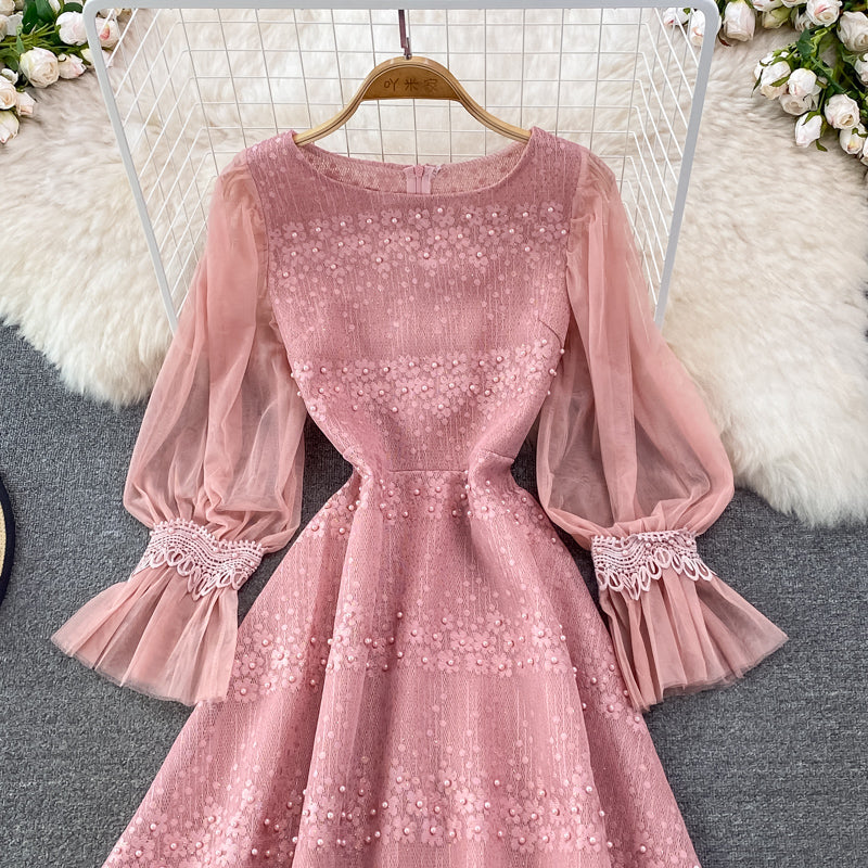 Chiffon stitched crew neck hollowed out embroidery lace dress  3776