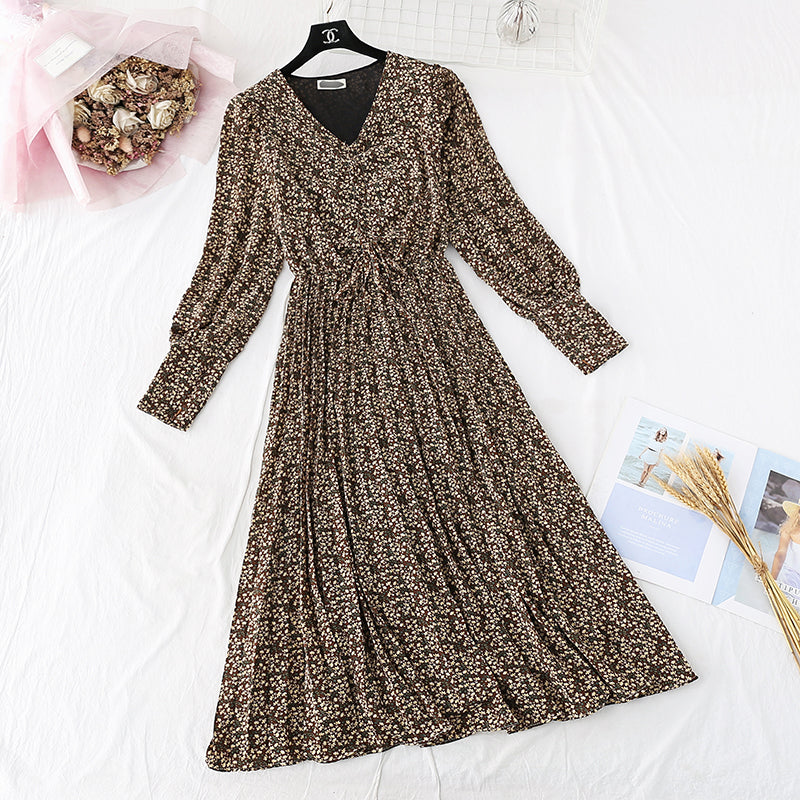 Retro broken flower pleated long skirt fairy super fairy series  4046