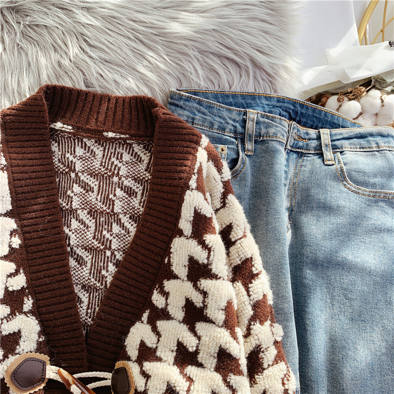 Thousand bird lattice ox horn buckle sweater coat female  4925