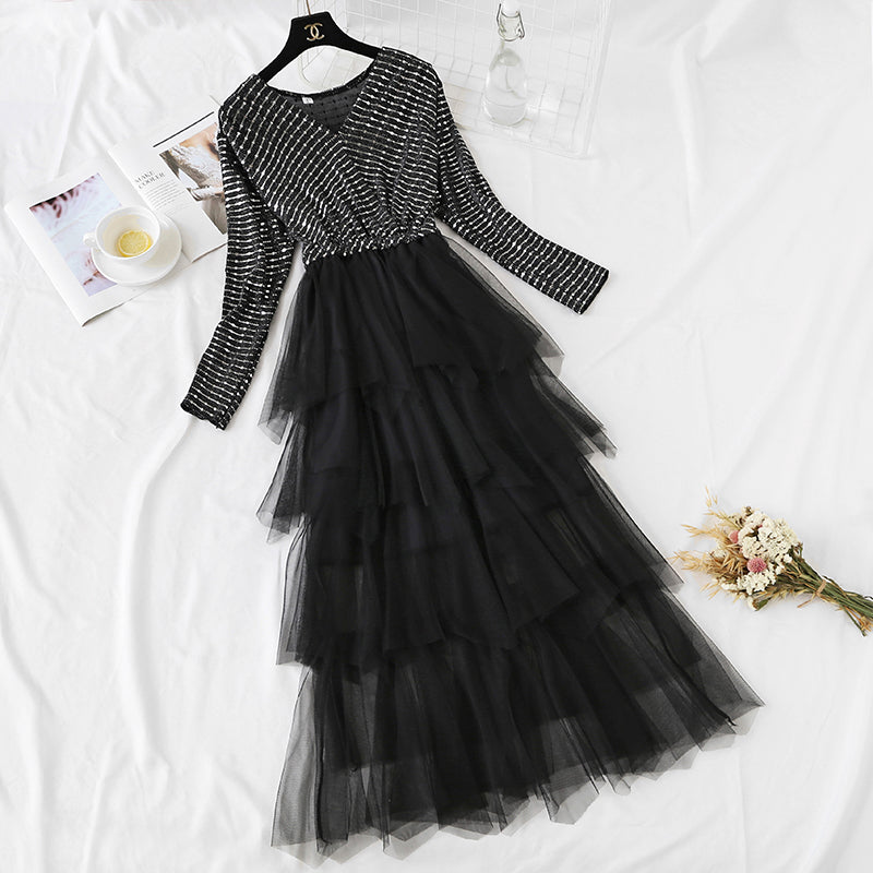 Französischer Minoritätsrock V-Ausschnitt Pailletten Slim Temperament 4455