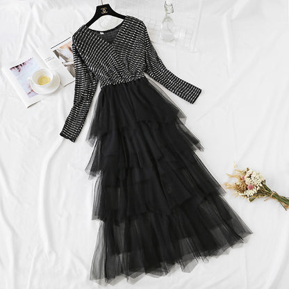 Französischer Minoritätsrock V-Ausschnitt Pailletten Slim Temperament 4455