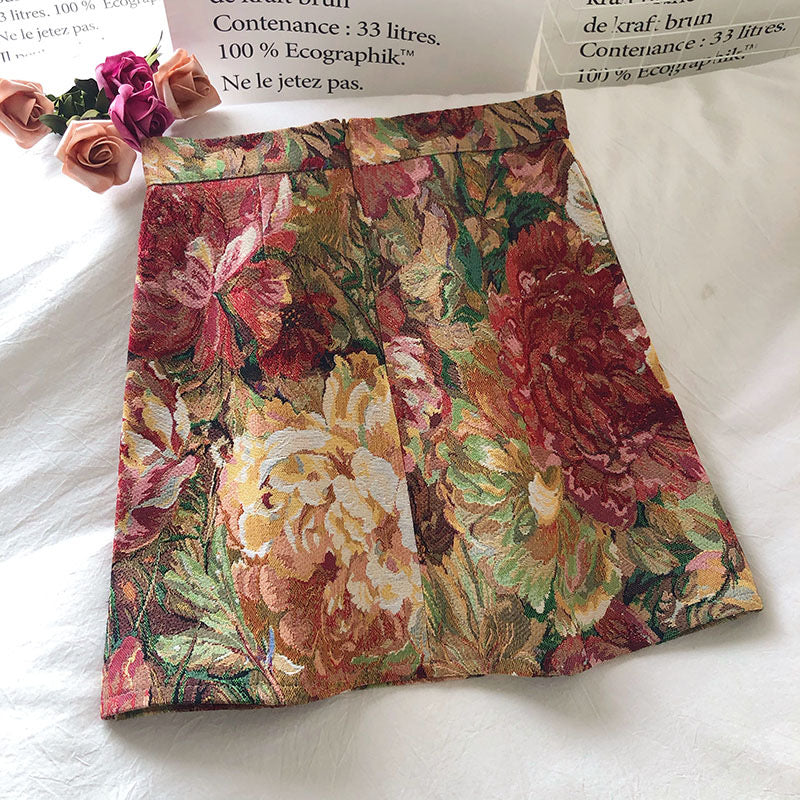 Spring and Autumn, elegant oil painting painted flowers, high-waisted skirts, A line buttocks skirt  3664