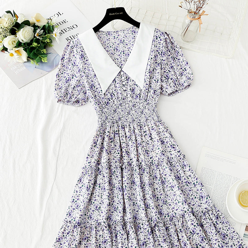 New doll collar skirt bubble sleeve floral medium length skirt  4877