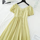 New French retro bubble sleeve chicken heart neck waist dress  4674
