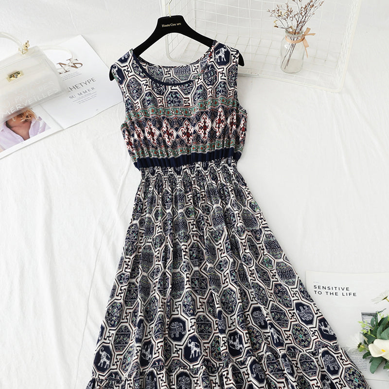 Long skirt with slim waist and French retro national style beach skirt  4231