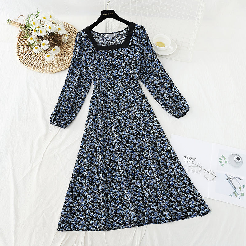 French tea break retro square collar niche chiffon long skirt  4836