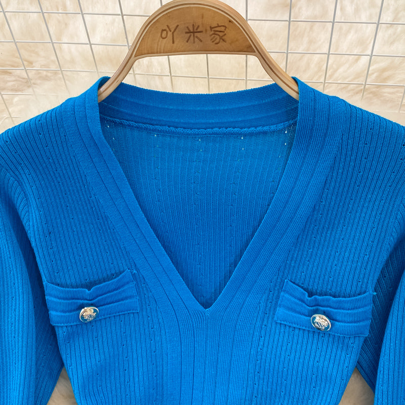 Gold button elastic tight medium length split bottomed buttock knit dress  3751