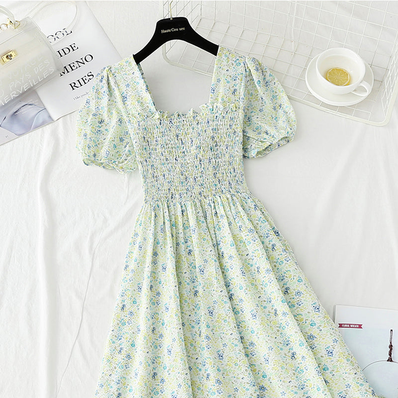 New sweet backless Chiffon floral skirt bubble sleeve  4896