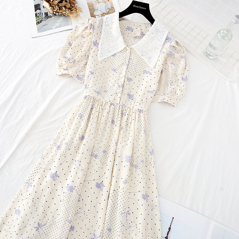 Lace doll neck with waist closed to show thin French gentle wind long skirt  4626