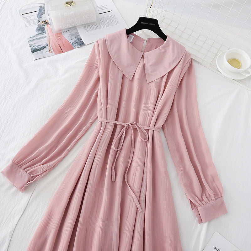 Lapel Chiffon Lace up gentle wind first love long skirt  3891