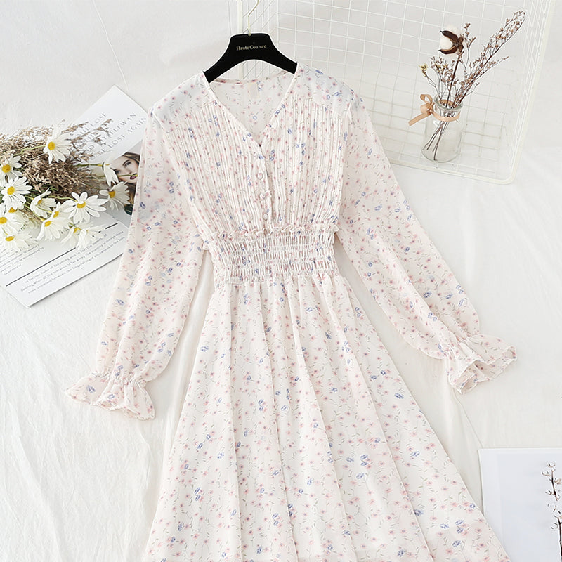 Pleated knee length floral dress gentle wind thin temperament slim skirt  4808