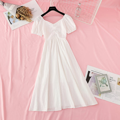 French retro bubble sleeve waist closing temperament long skirt  4196