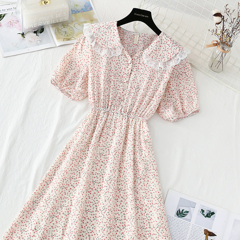 New lace doll neck French retro temperament fairy Chiffon Skirt  4844