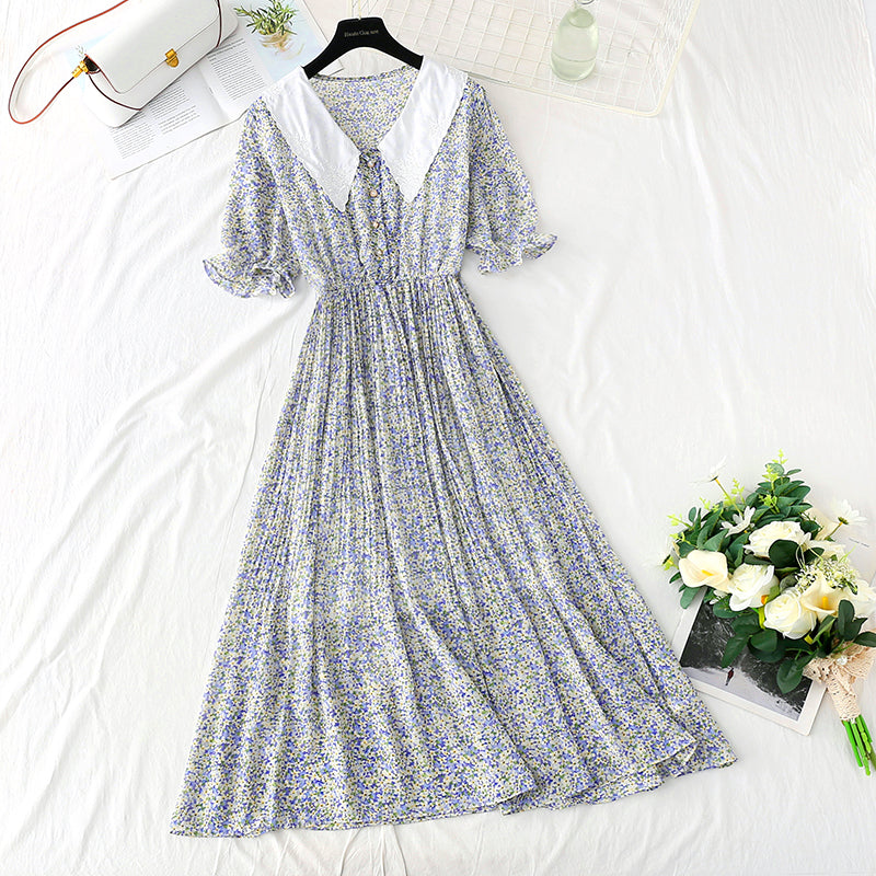 New doll neck Floral Chiffon pleated French retro fairy skirt  4880