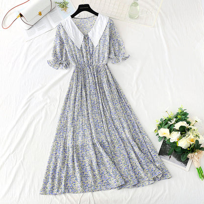 New doll neck Floral Chiffon pleated French retro fairy skirt  4880