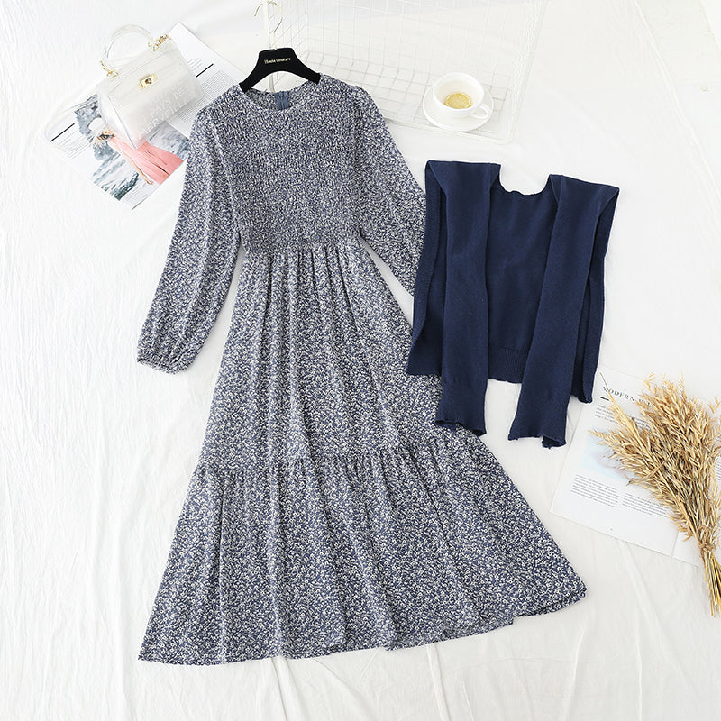 Long large skirt stitched small fresh floral dress with shawl  3880