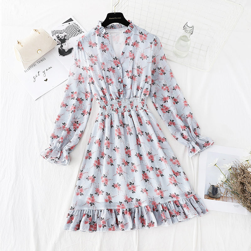 New female V Neck elastic waist Floral Dress Chiffon Skirt  4813