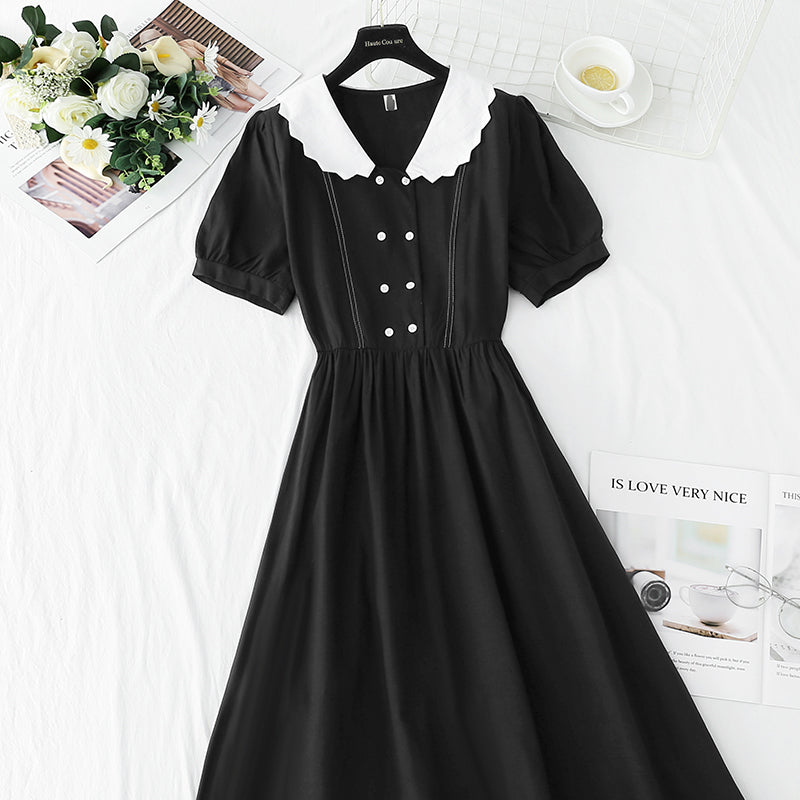 Cotton linen dress sweet bubble sleeve doll collar  4272