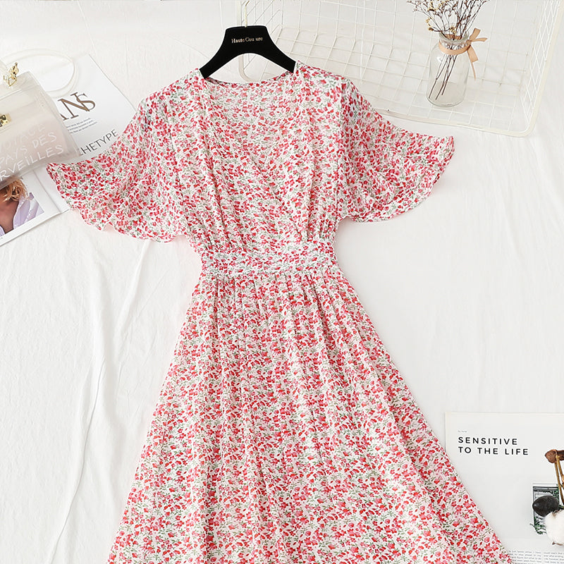 New tea break French chiffon long skirt V-neck waist slim A-line skirt  4889