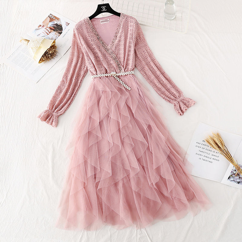 Lace dress French Vintage mesh stitched cake skirt with a slim waist  4498