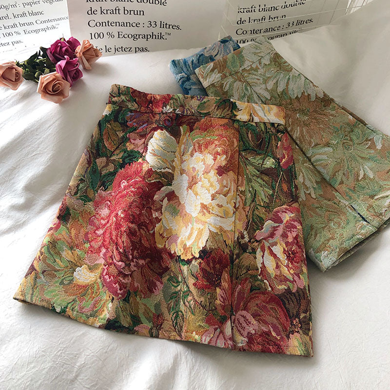 Spring and Autumn, elegant oil painting painted flowers, high-waisted skirts, A line buttocks skirt  3664