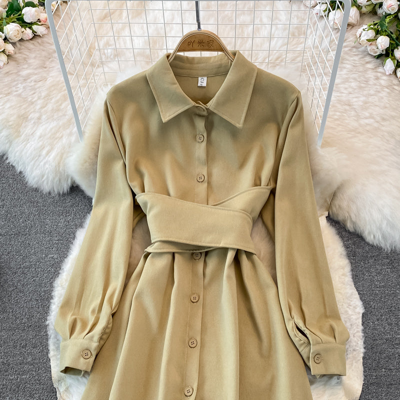 Corduroy bandage single breasted shirt skirt  3762