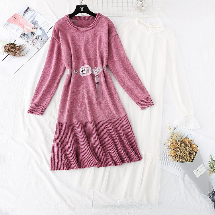 Knitted over knee wool dress with mesh inner skirt  3999