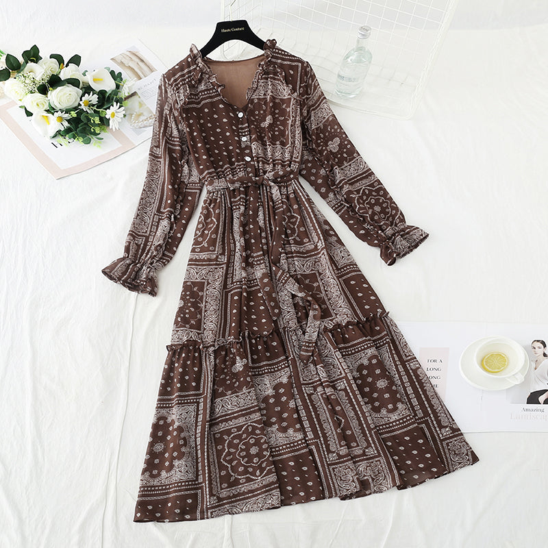 Temperament gentle wind long sleeve skirt high thin dress  3914