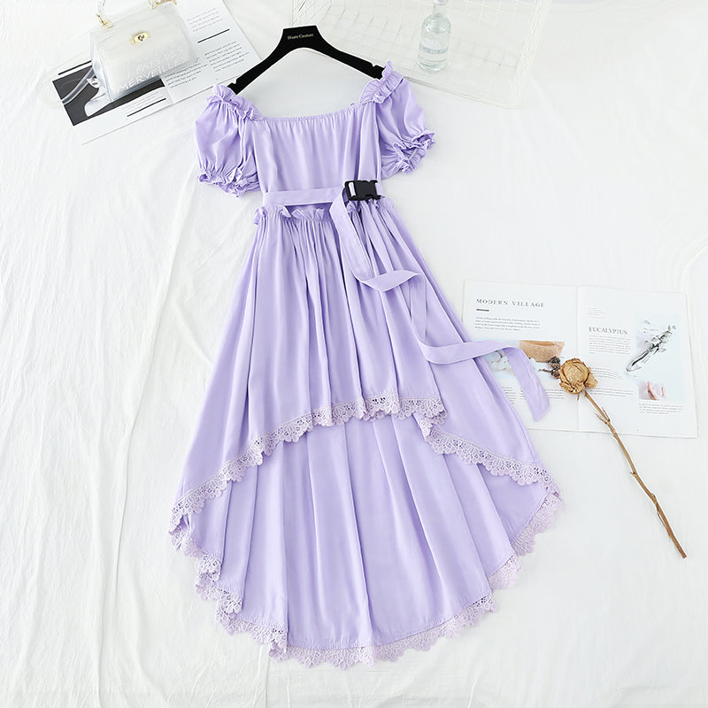 Narrow waist, thin bubble sleeve temperament, sweet white irregular skirt  4194