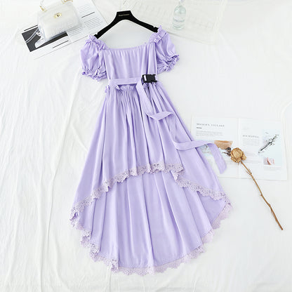 Narrow waist, thin bubble sleeve temperament, sweet white irregular skirt  4194