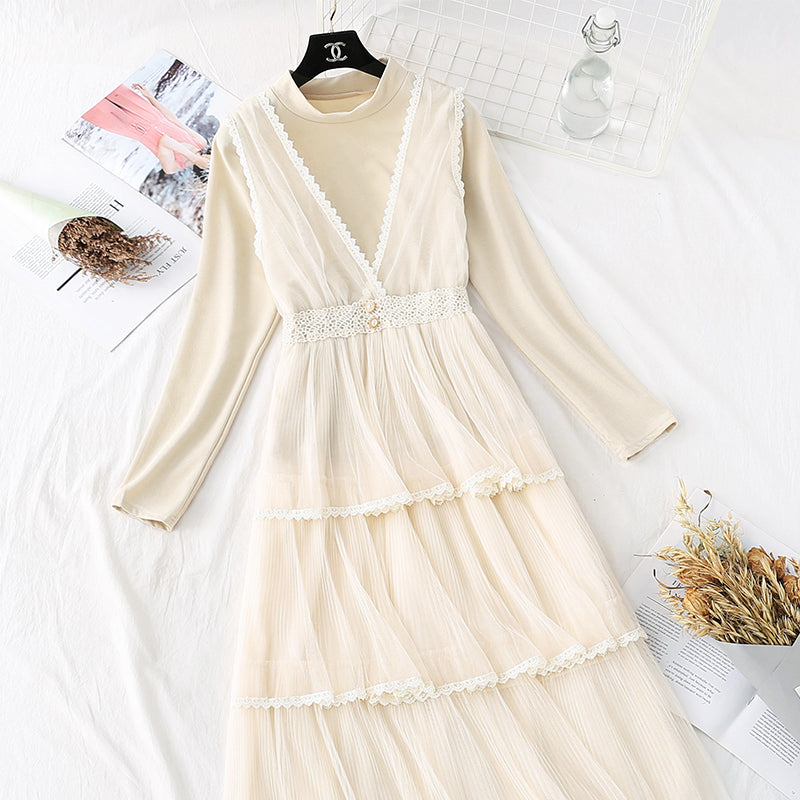 Japanese gentle wind mesh dress two-piece set 4377