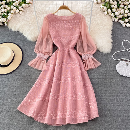 Chiffon stitched crew neck hollowed out embroidery lace dress  3776