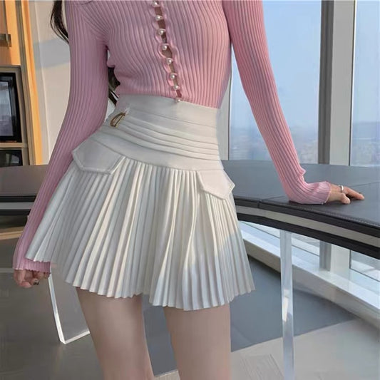 Jupe plissée noire/blanche, été, nouveau style, mini-jupe taille haute 3655