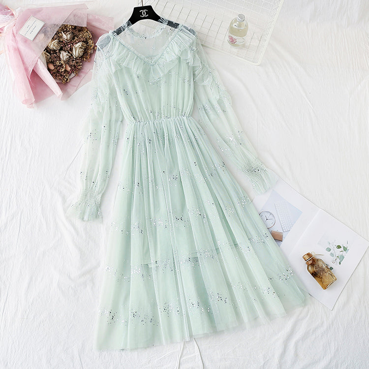 Fairy Sequin gauze dress Ruffle suspender  4321