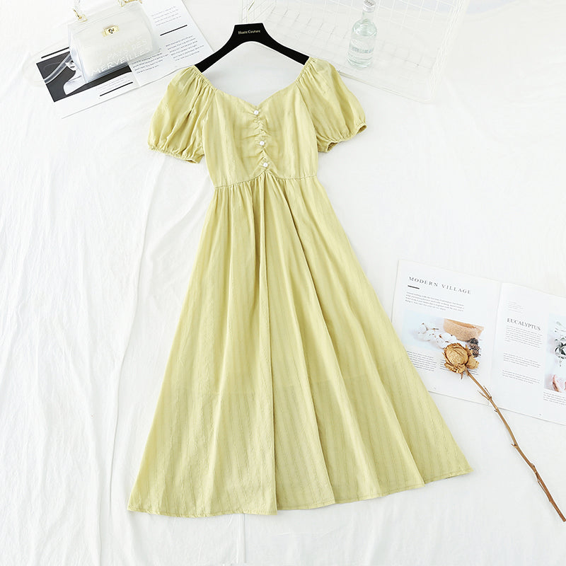 French retro bubble sleeve waist closing temperament long skirt  4196