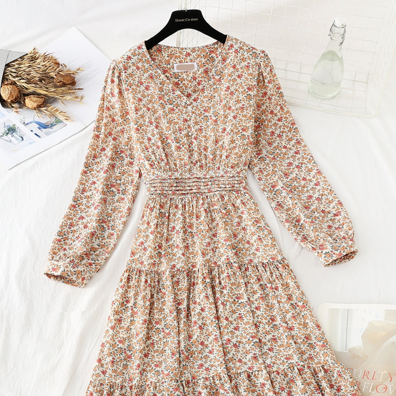 V-neck elastic waist covering belly, thin broken flower bottomed skirt  4057