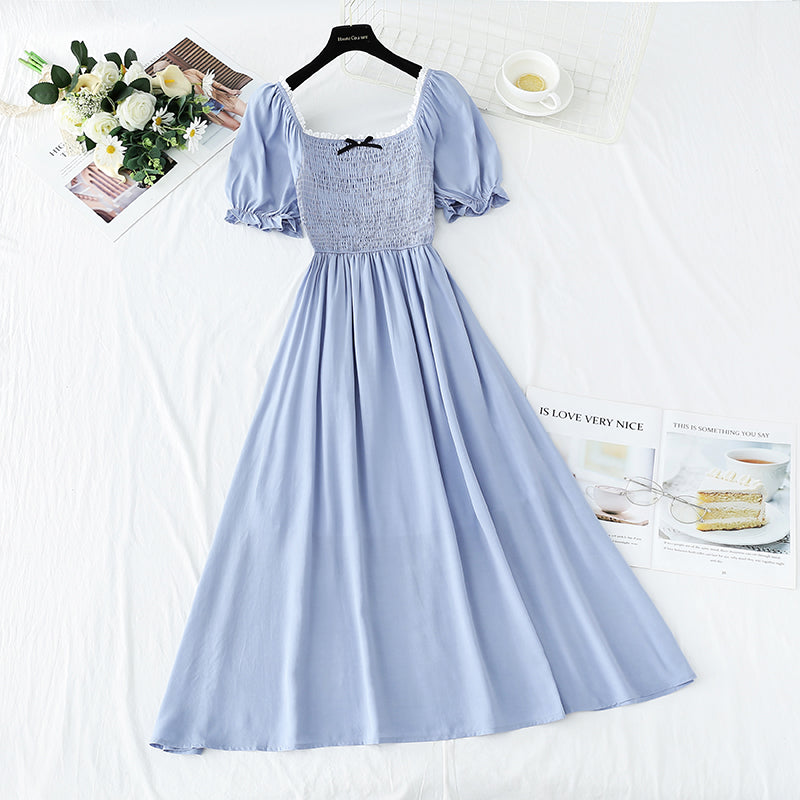 French retro dress square neck bubble sleeve lace edge  4271