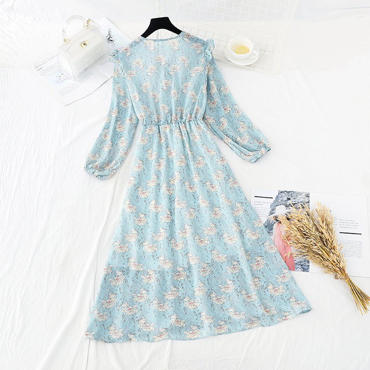 New French retro aging flying sleeve V-neck Chiffon Skirt  4702